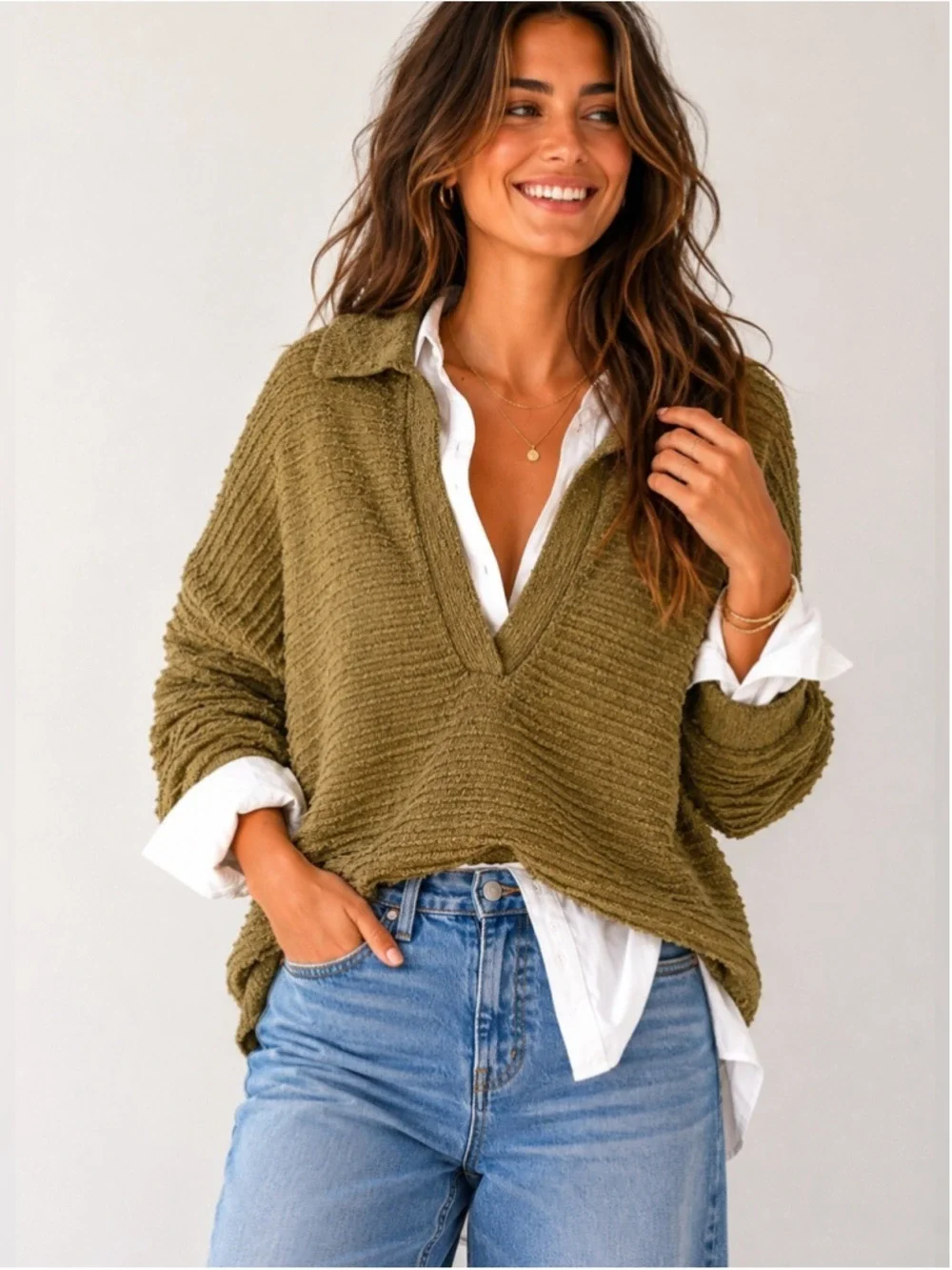 Free People Beach Olive collared Oversized knit top XS Casual All Season Boho